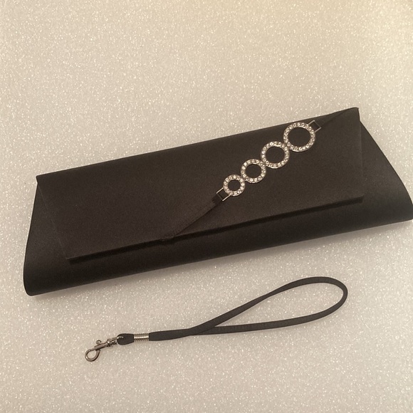 Black Satin Shoulder Evening Bag / Wristlet With Round Crystal Design - Picture 6 of 15